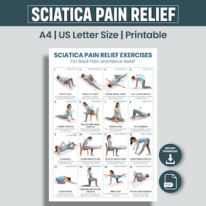 Könnte beinhalten: Ein druckbares Dokument im A4- und US-Letter-Format mit dem Titel Sciatica Pain Relief Exercises for Back Pain and Nerve Relief. Es enthält sechzehn nummerierte Abbildungen einer Person in blauer Sportkleidung bei verschiedenen Dehnübungen.