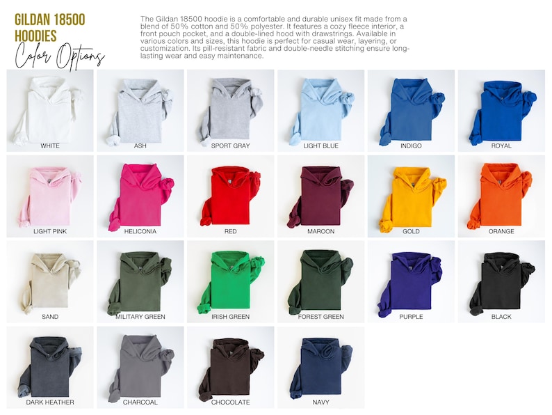 K&ouml;nnte beinhalten: Eine Farbkarte mit 18 verschiedenen Farben von Gildan 18500 Hoodies. Die Karte enth&auml;lt Farben wie Wei&szlig;, Asche, Sportgrau, Hellblau, Indigo, Royal, Hellrosa, Heliconia, Rot, Weinrot, Gold, Orange, Sand, Milit&auml;rgr&uuml;n, Irischgr&uuml;n, Waldgr&uuml;n, Lila, Schwarz, Dunkelgrau meliert, Anthrazit, Schokolade und Marine.