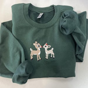 Cute Reindeer Embroidery Sweatshirt | Festive Christmas Embroidered Sweatshirt | Cozy Holiday Pullover | Merry & Bright Winter Crewneck