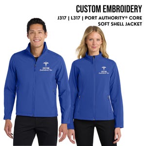 May include: Two blue soft shell jackets with a white embroidered medical symbol and the text "CUSTOM Embroidered Text".