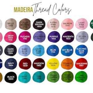 K&ouml;nnte beinhalten: Eine Farbkarte von Madeira-Garnfarben mit den entsprechenden Nummern f&uuml;r jede Farbe. Die Farben umfassen Wei&szlig;, Beige, Hellbraun, Dunkelbraun, Hautfarben, Lachsrosa, Hellrosa, Smaragdgr&uuml;n, Dunkelrosa, Fuchsia, Lavendel, Lila, Magenta, Silber, Wald, Zinn, Dunkelgrau, Babyblau, Hellblau, Blau, Himmelblau, Elektroblau, Preu&szlig;ischblau, Marineblau, Rot, Weinrot, Gelb, Orange, Tangerine, Gold, Schwarz, Minze, T&uuml;rkis, Frischgr&uuml;n, Moosgr&uuml;n und Limettengr&uuml;n.