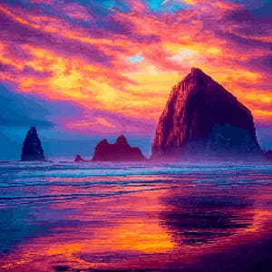 Puede incluir: Arte digital pixelado de un paisaje costero al atardecer. El cielo es una vibrante mezcla de naranja, rosa y azul. Formaciones rocosas silueteadas se alzan desde el mar, reflejándose en la arena mojada. La escena evoca tranquilidad.