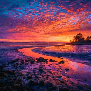 May include: A vibrant sunset painting with a pixelated effect. The sky is a mix of orange, red, and blue hues, with a river of light reflecting the sunset. The foreground shows a rocky shoreline.