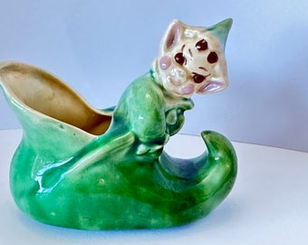 Vintage ceramic elf in shoe, Vintage Elf, Brownie, Green, Mid century