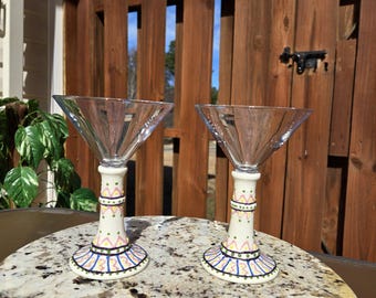 Set of 2 Hand-Painted Martini Glasses – Ceramic Stem, Unique Artistic Cocktail Glassware – Decorative Drinkware