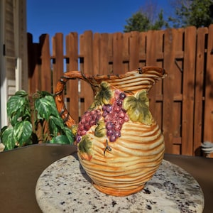 Vintage Italian Ceramic Fruit Pitcher – Hand-Painted Grape & Vine Design – Rustic Farmhouse Decor