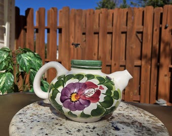 Vintage Hand-Painted Floral Teapot – Signed Ceramic Pottery with Green Lid & Purple Flower – Unique Floral Tea Pot