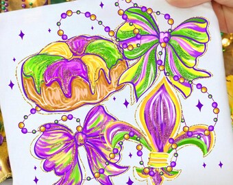 Preppy Mardi Gras Png, Brushstroke Mardi Gras Png, Fleur De Lis Coquette PNG, Fat Tuesday Png, Carnival Party Png, digital download