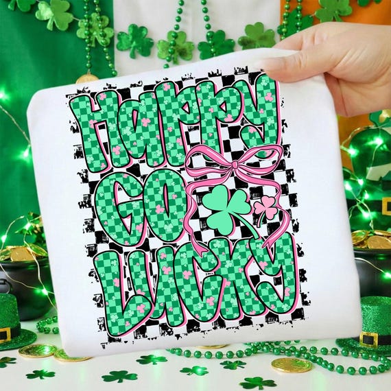 Retro St Patricks Day Png, Happy Go Lucky Png, Lucky Png, Checkered Letters Png, St Patricks Png, Trendy Png, digital download