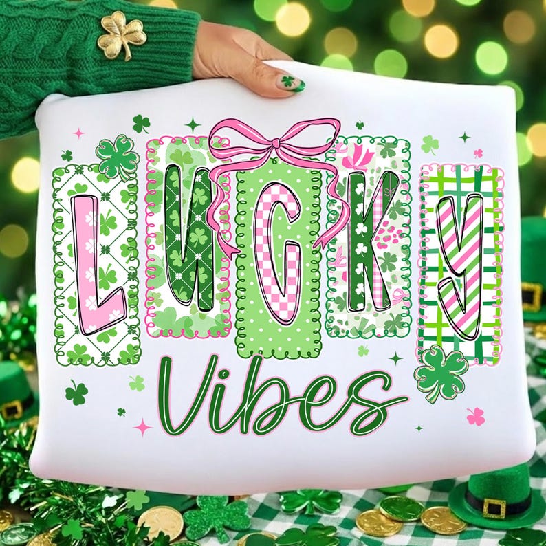 Op de afbeelding: Wit kussen met de woorden "LUCKY VIBES" in groen en roze. De letters zijn versierd met klavers en patronen. Een roze strik siert de letter "C". Het kussen wordt vastgehouden door iemand die een groene trui draagt.