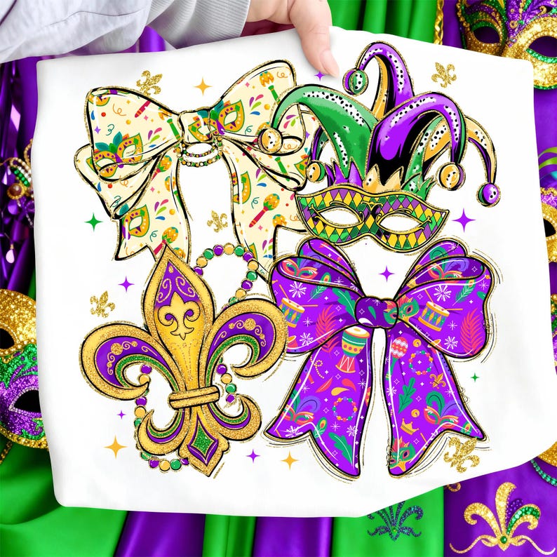 May include: White graphic tee featuring Mardi Gras themed designs. The design includes a gold fleur-de-lis, purple and green bows, a jester hat, and a mask. The design is embellished with gold glitter accents and star shapes.