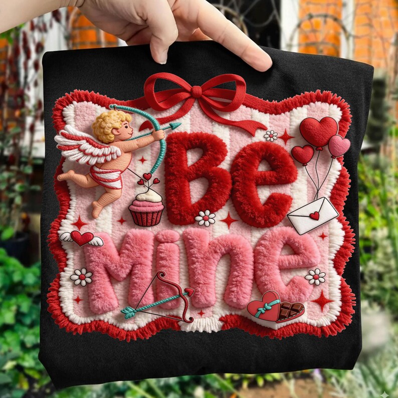 Peut inclure: Tissu noir avec un motif de Saint-Valentin. Le motif pr&eacute;sente les mots "Be Mine" en rouge et rose, un cupidon avec un arc et des fl&egrave;ches, des c&oelig;urs, un cupcake et un n&oelig;ud.