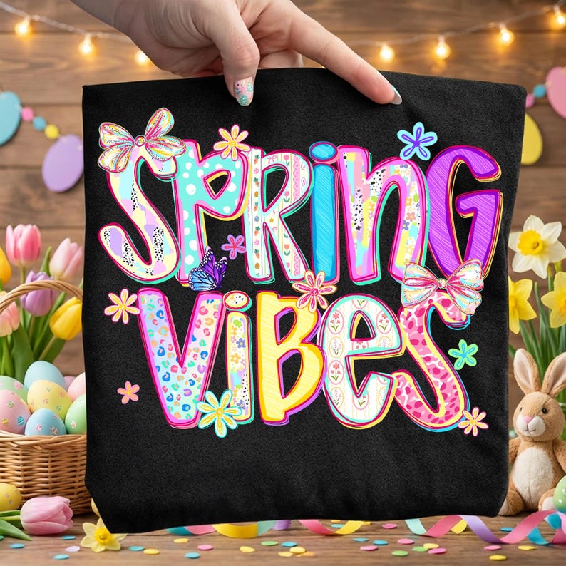 May include: Black tote bag with the words "SPRING VIBES" in colorful, whimsical lettering. The design includes floral accents, butterflies, and bows. The bag is held up by a hand, with a wooden background.