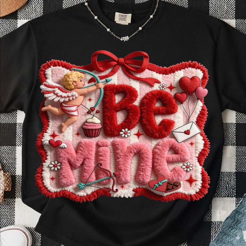 Peut inclure: T-shirt noir avec un motif de Saint-Valentin. Le motif pr&eacute;sente les mots "Be Mine" en rouge et rose, ainsi qu'un cupidon, des c&oelig;urs et un n&oelig;ud. Le t-shirt a un col rond et des manches courtes.
