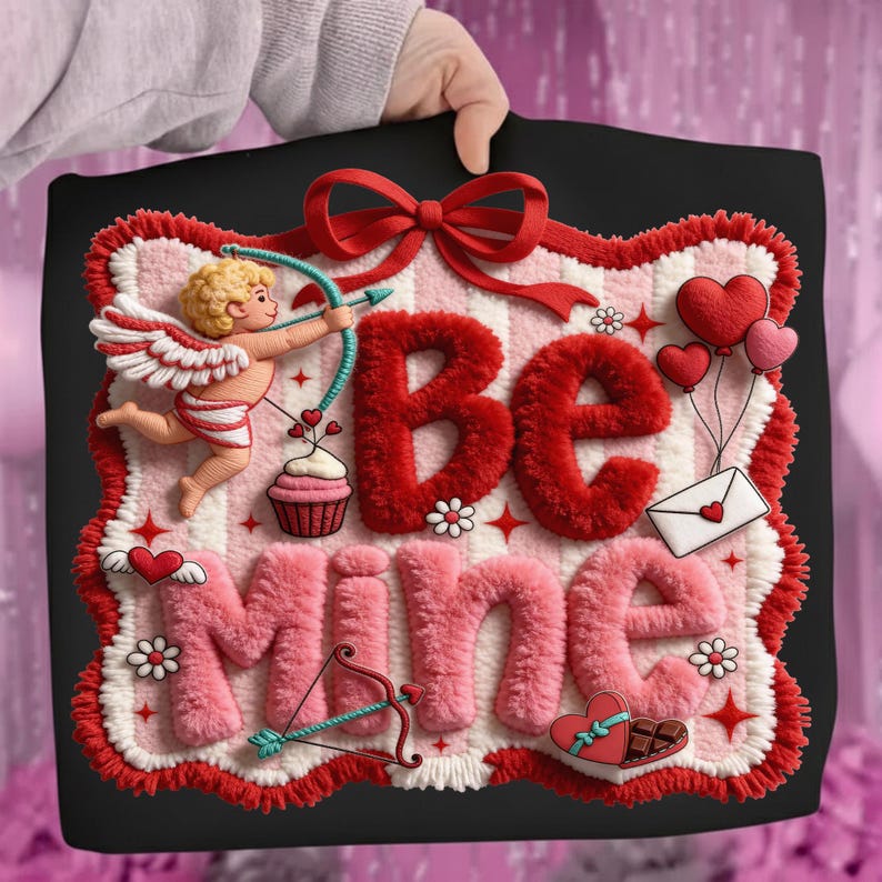 Peut inclure: Design carr&eacute; noir de la Saint-Valentin avec les mots "Be Mine" en rouge et rose, repr&eacute;sentant un cupidon, des c&oelig;urs, un cupcake et un n&oelig;ud. Le design a un aspect textur&eacute; et moelleux avec une bordure rouge et blanche.
