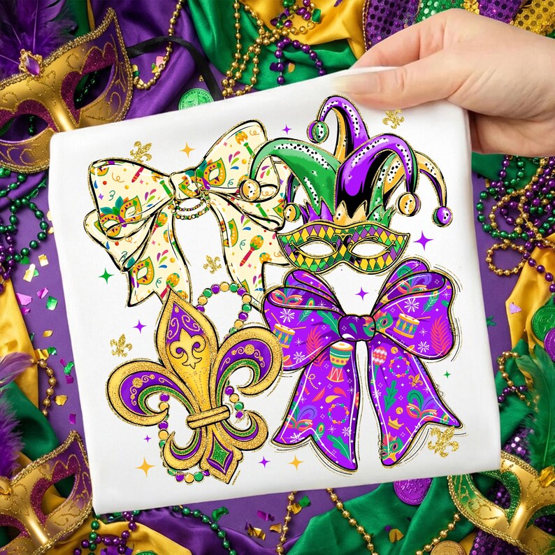 May include: White square featuring colorful Mardi Gras designs. The design includes a fleur-de-lis, bows, a jester hat, and a mask. The designs are in gold, purple, green, and yellow. The background includes Mardi Gras beads and masks.