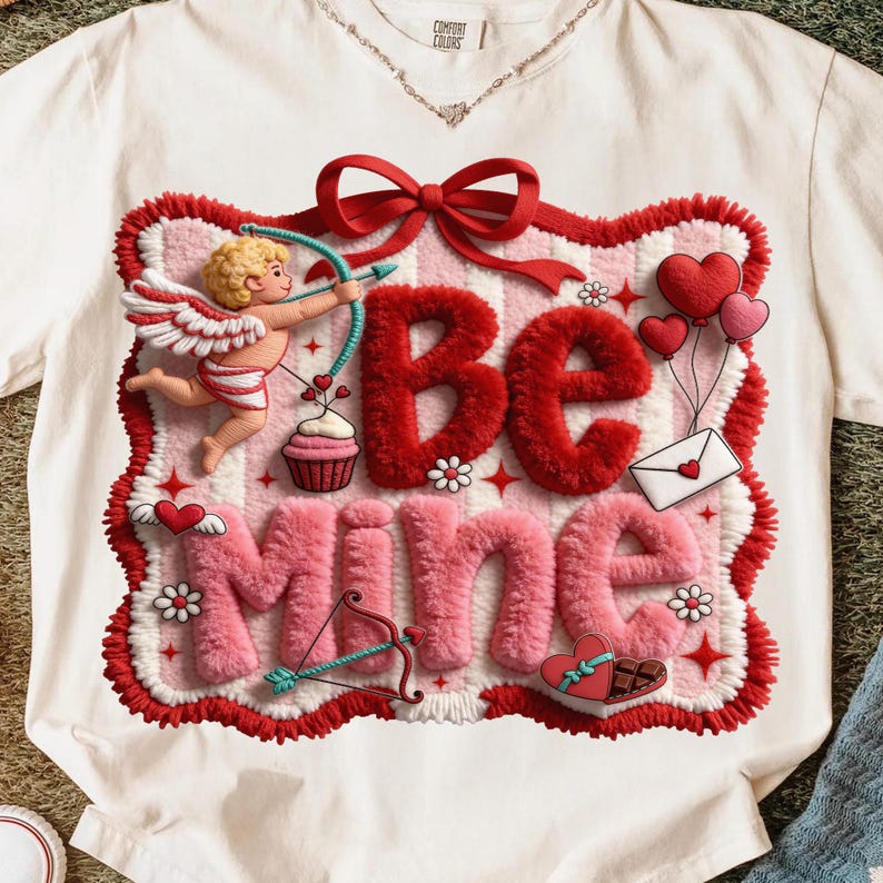 Peut inclure: T-shirt blanc avec un motif de Saint-Valentin. Le motif pr&eacute;sente les mots "Be Mine" en rouge et rose, un cupidon avec un arc et des fl&egrave;ches, des c&oelig;urs, un cupcake et un n&oelig;ud. Le t-shirt est fait d'une mati&egrave;re douce.