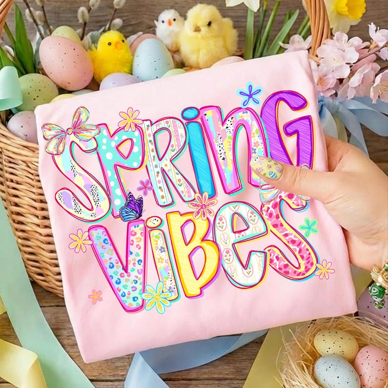 May include: A light pink t-shirt with the words "SPRING VIBES" in colorful, floral-themed lettering. The shirt is held in front of a wicker basket filled with Easter eggs and decorative chicks, with a wooden background.