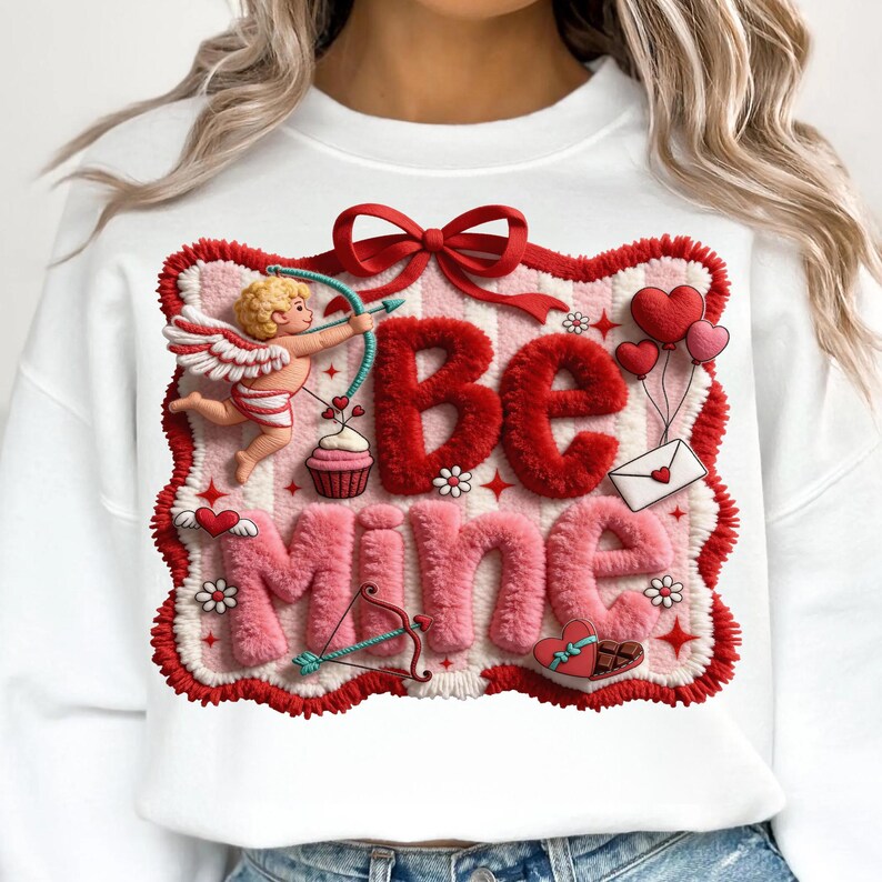 Peut inclure: Sweat-shirt blanc avec un motif de Saint-Valentin. Le motif pr&eacute;sente les mots "Be Mine" en rouge et rose, ainsi qu'un cupidon, des c&oelig;urs et un arc et une fl&egrave;che. Le motif est encadr&eacute; d'une bordure rouge.