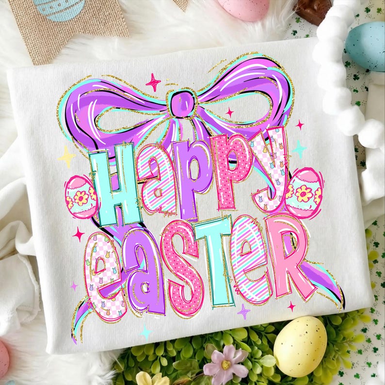 May include: White sweatshirt with a colourful "Happy Easter" graphic. The design features a large purple bow, pastel-coloured text, and Easter eggs. The text is outlined in gold glitter.