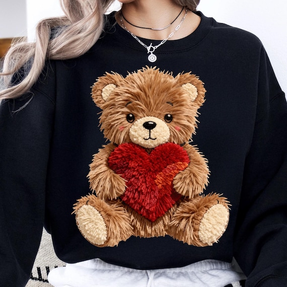 Faux Yarn Valentine Teddy Bear Png, valentine's Heart Png, Latch Hook Yarn Bear, Valentines Png, Digital Download
