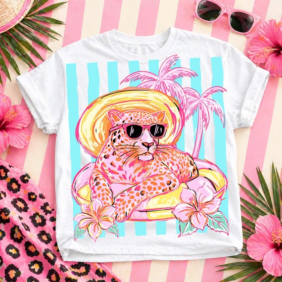 Striped Leopard Summer Png, Tropical Brushstroke Leopard Png, Preppy Beach Leopard Png, Pool Float Leopard Png, Summer Sublimation Png