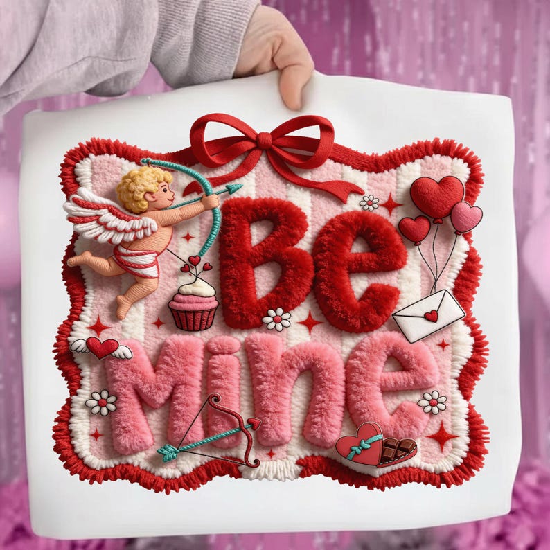 Peut inclure: Une cr&eacute;ation sur le th&egrave;me de la Saint-Valentin avec les mots "Be Mine" en rouge et rose, un cupidon, des c&oelig;urs et un n&oelig;ud. Le design est sur un fond blanc avec une bordure rouge et blanche.