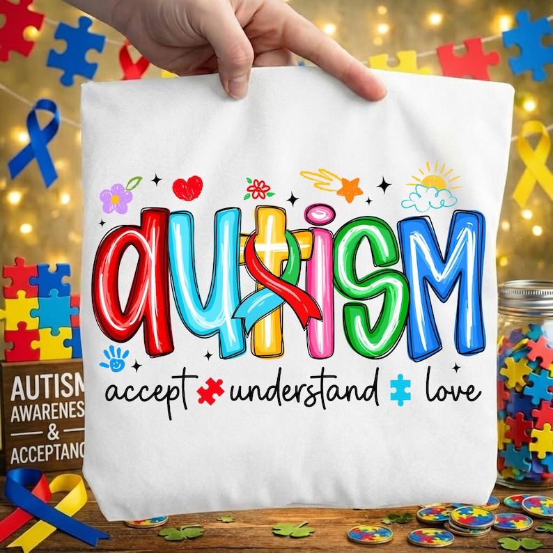 May include: White tote bag with the word "AUTISM" in colorful, outlined letters. The words "accept", "understand", and "love" are below the main word. The bag is held up by a hand, with puzzle pieces and ribbons in the background.
