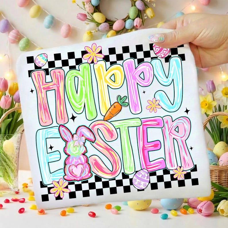 Może przedstawiać: Biały kwadrat z napisem "HAPPY EASTER" w kolorowych literach bąbelkowych. Projekt zawiera kr&oacute;lika, marchewkę, kwiaty i pisanki. Czarno-biała szachownica obramowuje g&oacute;rną i dolną część projektu.