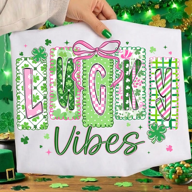 Op de afbeelding: Wit T-shirt met de woorden "LUCKY VIBES" in een groen en roze ontwerp. Het woord "LUCKY" is in een blokletterstijl met een roze strik. Het ontwerp bevat klavers en een groen-roze kleurenschema.