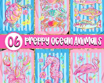 Preppy Ocean Animals Bundle Png, Floral Sea Animals Png, Brushstroke Sea Life Sublimation Png, Coastal Summer Beach Png,  Digital Download