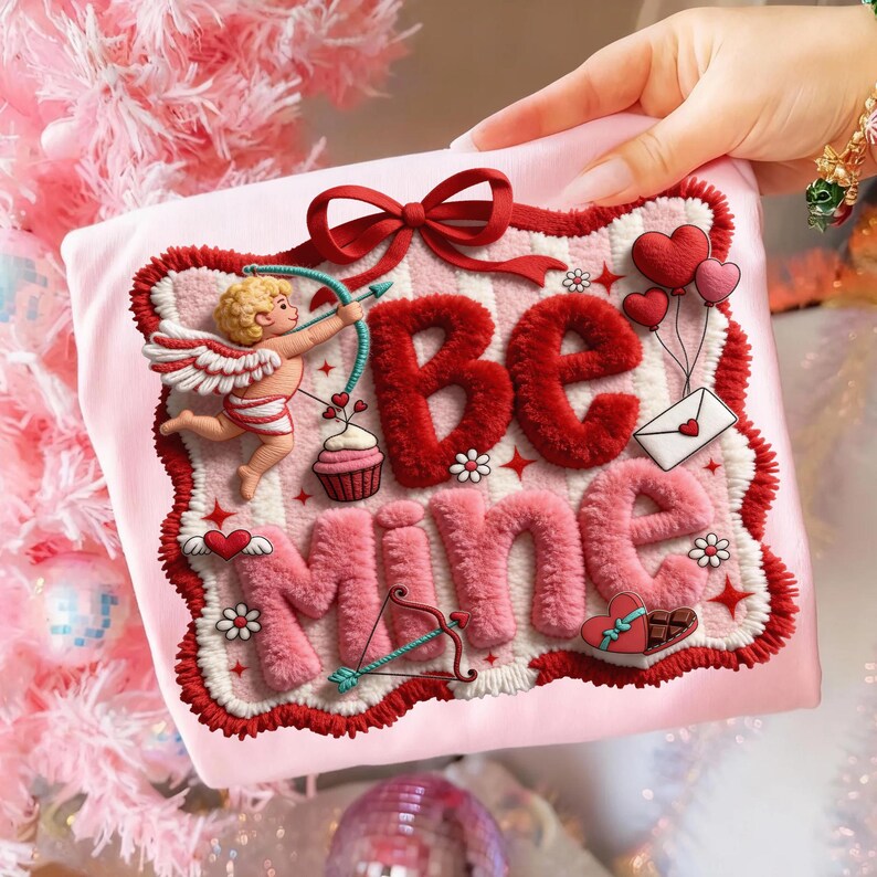 Peut inclure: Un coussin carr&eacute; rose avec les mots "Be Mine" dans une police de caract&egrave;res moelleuse et textur&eacute;e. Le motif comprend un n&oelig;ud rouge, un cupidon avec un arc et des fl&egrave;ches, des c&oelig;urs et un cupcake. La bordure est rouge et blanche.