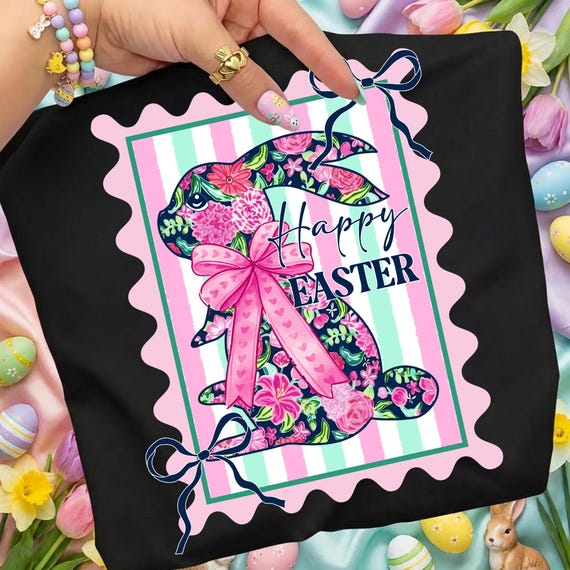 Coquette Hoppy Easter PNG, Floral Bunny Postage Stamp Png, Floral Spring Sublimation Design, Spring Png, Digital Download