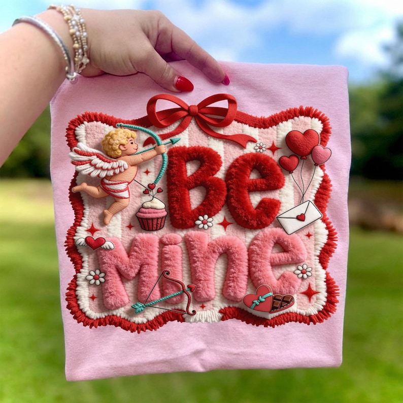 Peut inclure: T-shirt rose avec un motif de Saint-Valentin. Le motif comprend les mots "Be Mine" dans une police rouge et rose duveteuse, un cupidon avec un arc et des fl&egrave;ches, des c&oelig;urs et un cupcake.