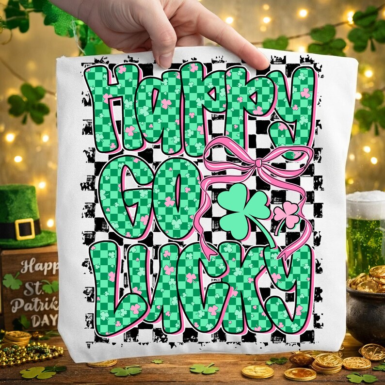 May include: White tote bag with the text "Happy Go Lucky" in green and pink, with a checkered background and shamrock accents. The bag is held up by a hand, with St. Patrick's Day decorations in the background.