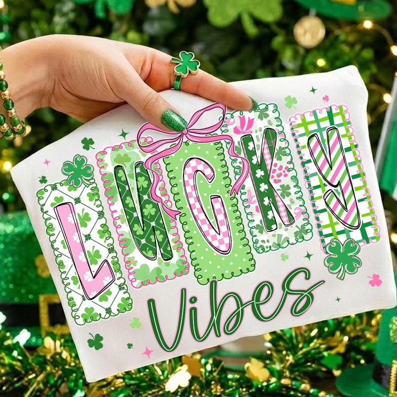 Op de afbeelding: Wit T-shirt met de woorden "LUCKY VIBES" in groene letters. Het woord "LUCKY" staat in roze en groene blokken met klaver- en ruitpatronen. Een roze strik accentueert de "C". Het shirt is versierd met klavers.