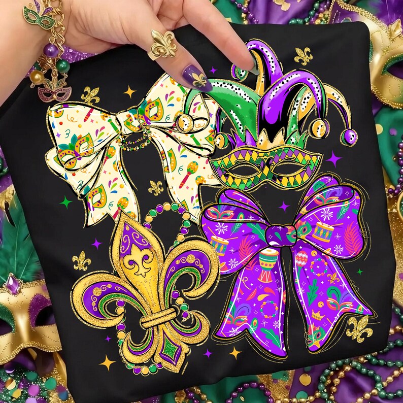 May include: Black t-shirt featuring a vibrant Mardi Gras design. The design includes a fleur-de-lis, bow ties, a jester hat, and a mask, all in purple, green, and gold. The shirt is decorated with stars and beads.