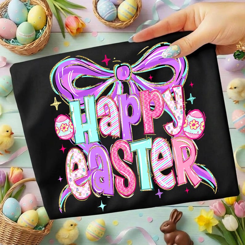 May include: Black t-shirt with a colourful "Happy Easter" graphic. The design features a large purple bow, pastel-coloured text, and Easter egg illustrations. The shirt is surrounded by Easter-themed decorations.