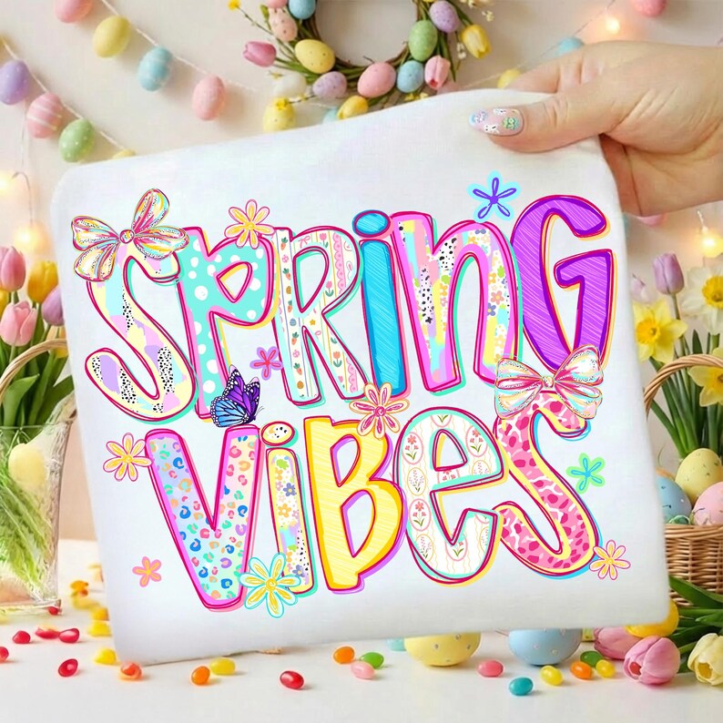 May include: A white pillow with the words "SPRING VIBES" in colorful, patterned letters. The design includes flowers, butterflies, and bows, with a pastel color scheme. The pillow is held by a hand, with Easter decorations in the background.