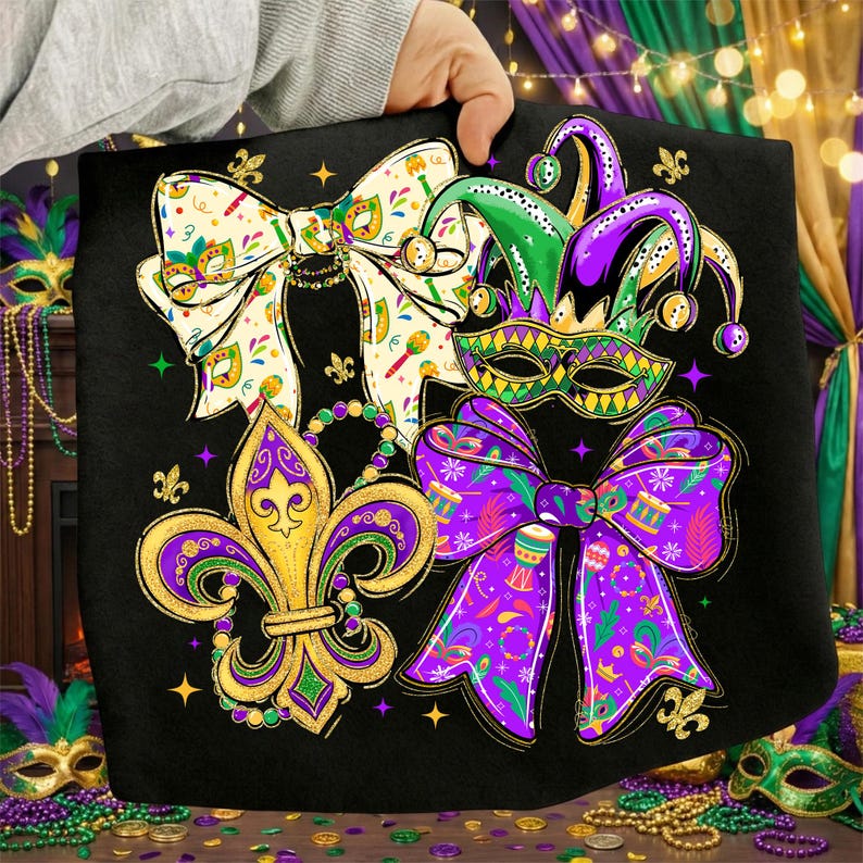 May include: Black tote bag featuring Mardi Gras themed designs. The bag displays a fleur-de-lis, bow ties, a jester hat, and a mask in gold, purple, green, and white. The bag is held by a person.