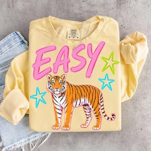 May include: A light yellow sweatshirt with the word "EASY" in pink block letters. Below the text is an orange and black tiger illustration, with green and blue star graphics.