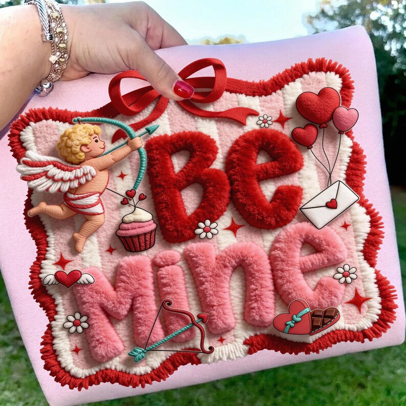 Peut inclure: Un coussin rose sur le th&egrave;me de la Saint-Valentin avec les mots "Be Mine" dans un design textur&eacute;. Il pr&eacute;sente un n&oelig;ud rouge, un cupidon avec un arc et des fl&egrave;ches, des c&oelig;urs, un cupcake et une lettre d'amour. La bordure est rouge et blanche.