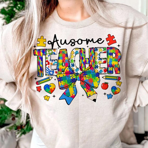 Ausome Teacher Autism Awareness Png, Coquette Autism Puzzle Bow Png, Autism Teacher Pencil Bow Png, Autism Advocate Png, Neurodiversity