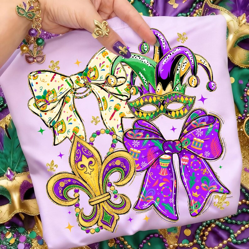 May include: A light purple t-shirt featuring Mardi Gras themed graphics. The design includes a fleur-de-lis, bow ties, a jester hat, and a mask. The graphics are in gold, green, and purple. The shirt is decorated with gold glitter.