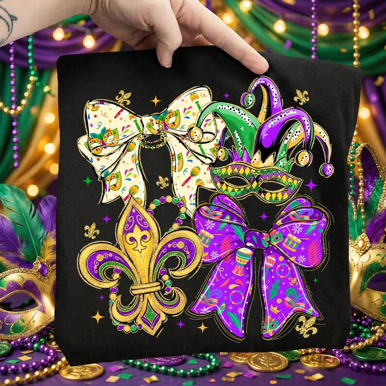 May include: Black tote bag featuring Mardi Gras themed designs. The bag displays a fleur-de-lis, bow ties, a jester hat, and a mask in gold, green, and purple. The bag is held up by a hand, with a background of Mardi Gras decorations.