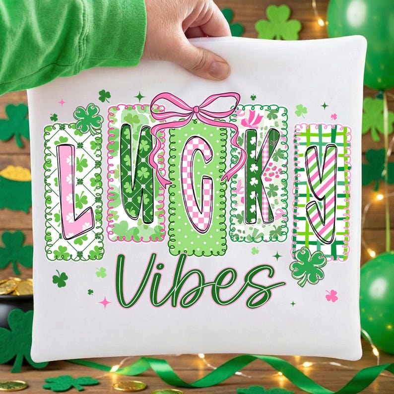 Op de afbeelding: Wit kussen met de woorden "LUCKY VIBES" in groen schrift. Het woord "LUCKY" staat in afzonderlijke blokken met roze en groene patronen. Boven de letter "G" staat een roze strik. Groene klavers en roze sterren zijn verspreid.