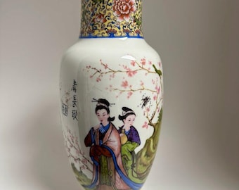 Vaso cinese vintage in porcellana dipinta a mano, anni '90
