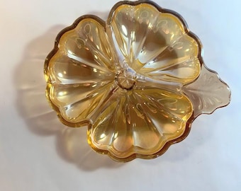 1930s Marigold/Peach Iridescent Depression Carnival Glass Trinket dish in the Doric Pattern, by the Jeanette Glass Company.