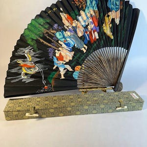 Leque chinês vintage pintado à mão, caracteres chineses pintados à mão e letras com estojo