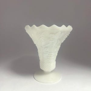 Vintage Anchor Hocking, White Flared Milk Glass Embossed Vase with the Harvest Grape Design